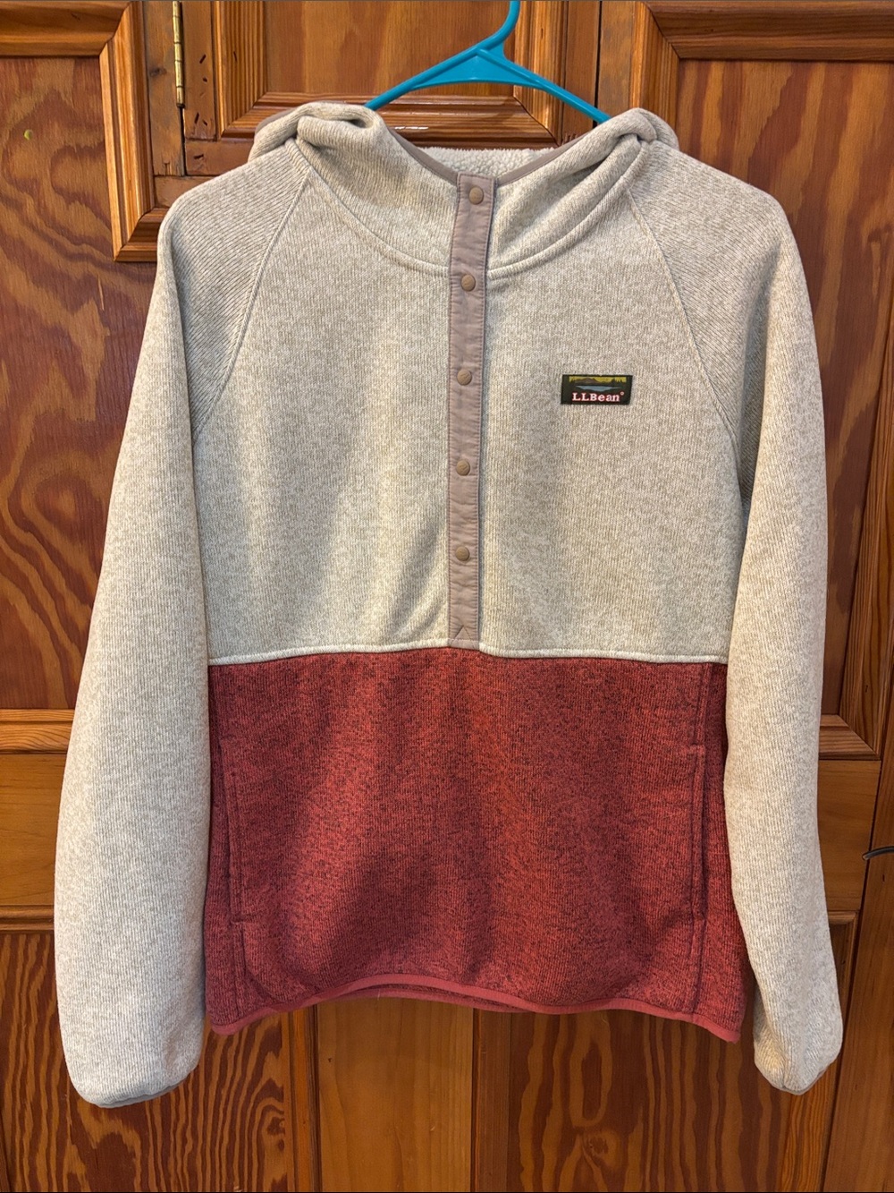 L.L. Bean Two-Tone Hooded Pullover Sweatshirt - Light Tan & Red